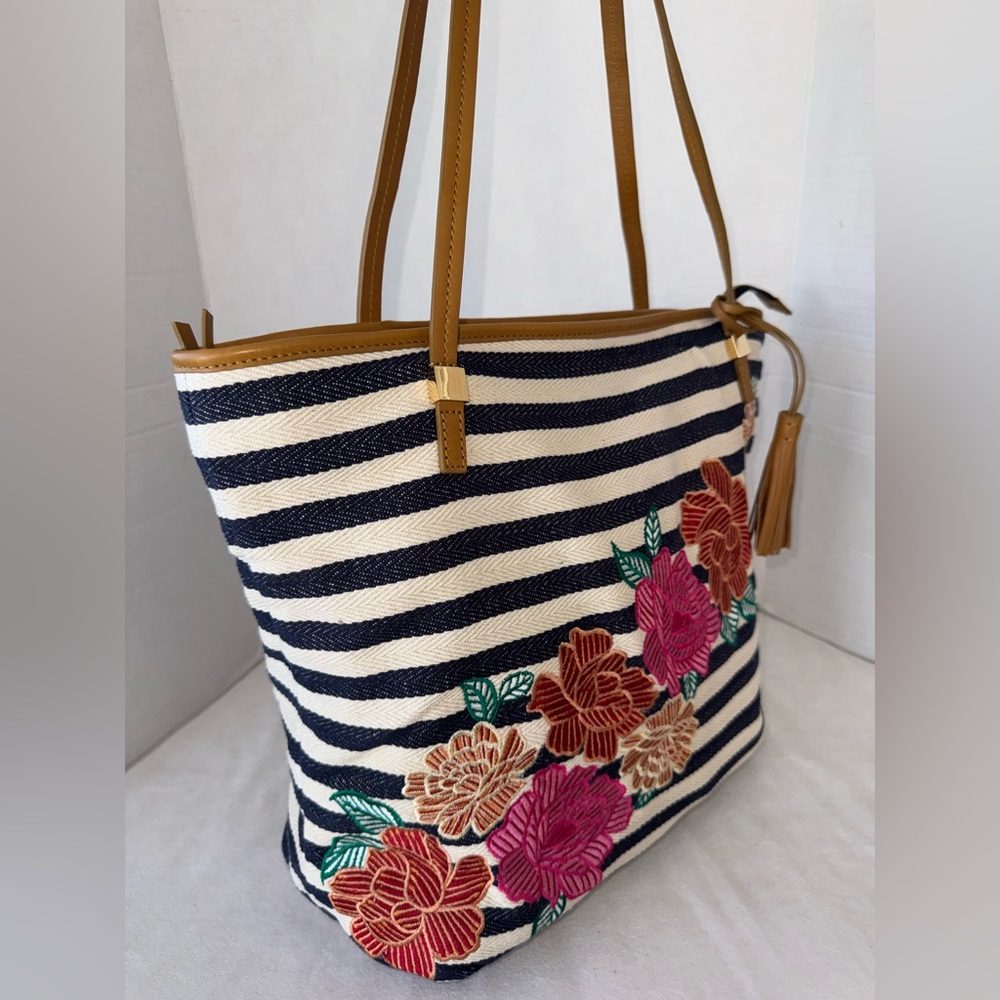 Chico's Striped Vibrant Floral Embroidered Cotton Leather Tote Shoulder Purse - Picture 3 of 14